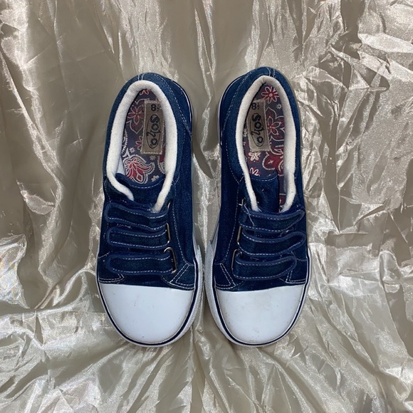 * RARE VINTAGE FIND * 8.5 CHUNKY PLATFORM Y2K 90s denim strappy Velcro schoolboy - Picture 2 of 4